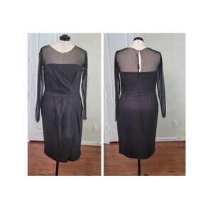 ESCADA Black Illusion Long Sleeve Dress Women 12/42 Pleated Knee Length Cocktail